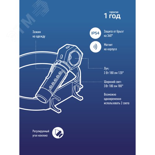 Фонарь налобный аккумуляторный 3Вт+3Вт COB коллиматорная линза Li-ion18650 1200mAh USBtC магнит зажим