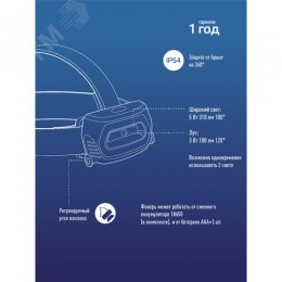 Фонарь налобный аккумуляторный 3Вт+5 Вт COB коллиматорная линза съемн Li-ion 18650 1200mAh Usb typeC