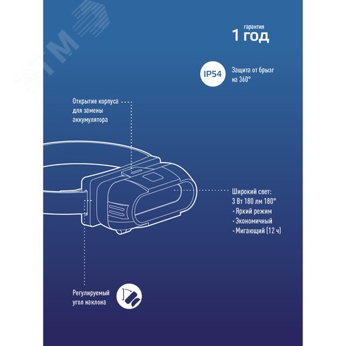 Фонарь налобный аккумуляторныйуляторный 3Вт COB LED съемный Li-ion 18650 800mAh ABS-пластик USB-шнур typeC
