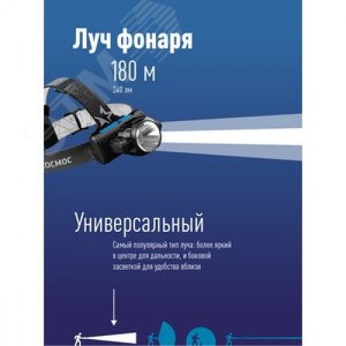 Фонарь налобный аккумуляторный, 3Вт XPE, 5Вт COB, 1200Mah LI-On, подзарядка Micro USB