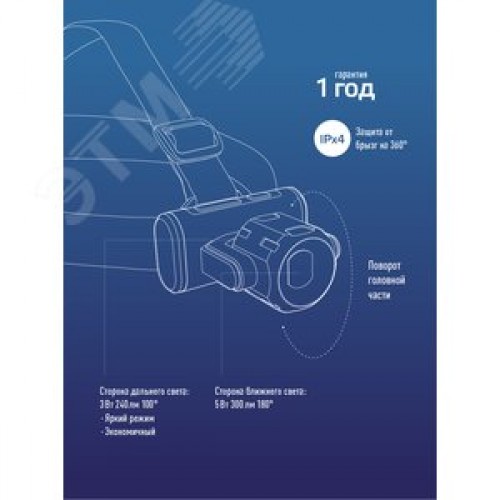 Фонарь налобный аккумуляторный, 3Вт XPE, 5Вт COB, 1200Mah LI-On, подзарядка Micro USB