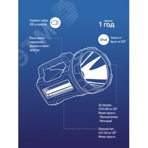 Фонарь-прожектор светодиодный аккумуляторный , LED 10вт+4вт, з/у 220/12в, usb выход