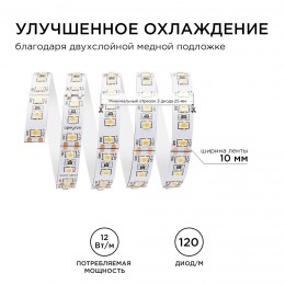 Лента светодиодная 12В 12 Вт/м IP20 3000К smd2835 120LED/м 1300 Лм/м 5м