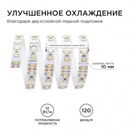 Лента светодиодная 12В 12 Вт/м IP20 4000К smd2835 120LED/м 1300 Лм/м 5м