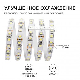 Лента светодиодная 12В 9,6 Вт/м IP20 6500К smd3528 120LED/м 600 Лм/м 5м