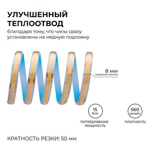 Лента светодиодная 24В 15 Вт/м IP65 в пвх 6500К COB CRI90+ 560 LED/м 1200 лм/м 5м