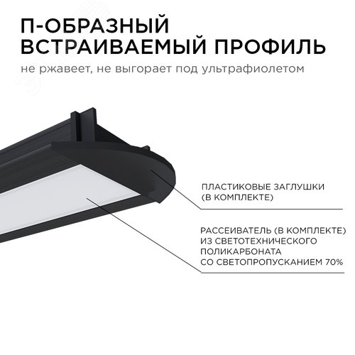 Профиль алюминиевый для светодиодной ленты, анодированный, встраиваемый, черный, 22х6 мм, 2 м, ширина ленты до 10 мм, рассеиватель белый матовый, заглушки - 2 шт