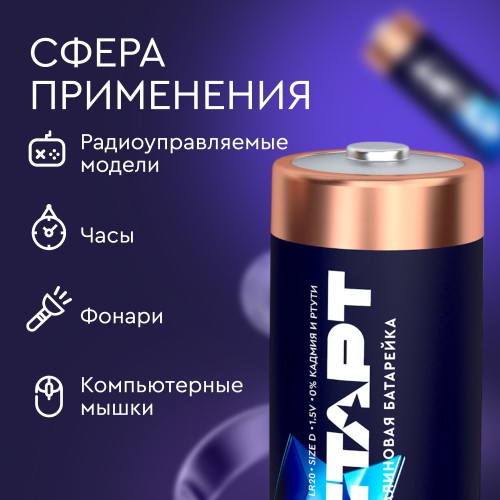 Батарейка алкалиновая СТАРТ размер D 2 штуки на блистере