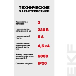 Выключатель автоматический двухполюсный 6А С ВА47-29 4.5кА