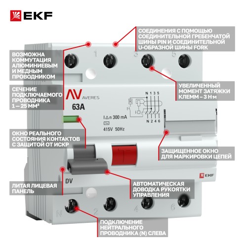 Устройство защитного отключения DV 4P 63А/300мА (AC) AVERES
