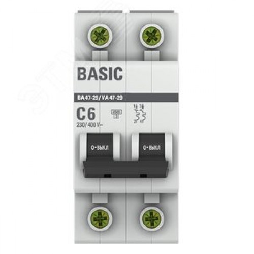 Выключатель автоматический двухполюсный 6А С ВА47-29 4.5кА