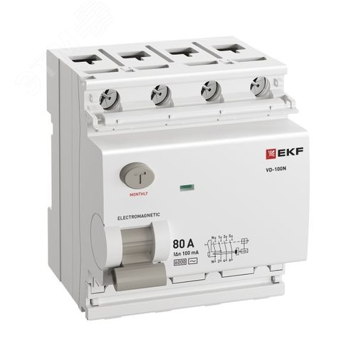 Выключатель дифференциального тока (ВД) четырехполюсный 4P 80А 100mA (AC) эл-мех ВД-100N E1046M80100 PROXIMA EKF