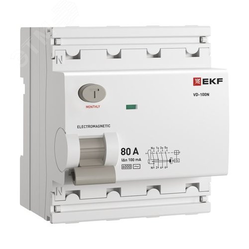 Выключатель дифференциального тока (ВД) четырехполюсный 4P 80А 100mA (AC) эл-мех ВД-100N E1046M80100 PROXIMA EKF