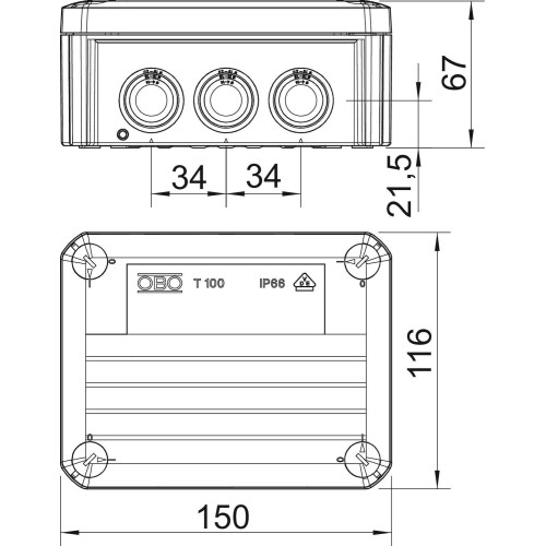 Коробка распределительная T100, 136х102х57 мм, IP66, вводы d25х10, серая (T 100)