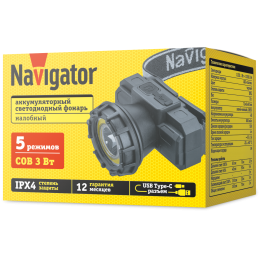 Фонарь светодиодный NPT-H42-ACCU 1LED, 1Вт + 1COB, 3Вт налобный аккумуляторный