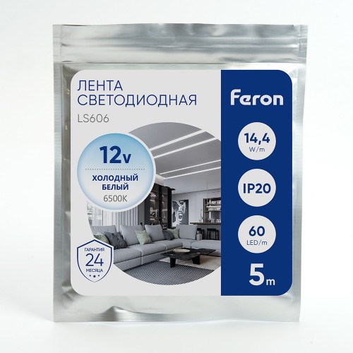 Лента светодиодная 14.4Вт/м 12В 6500К IP20 60LED/м LS606